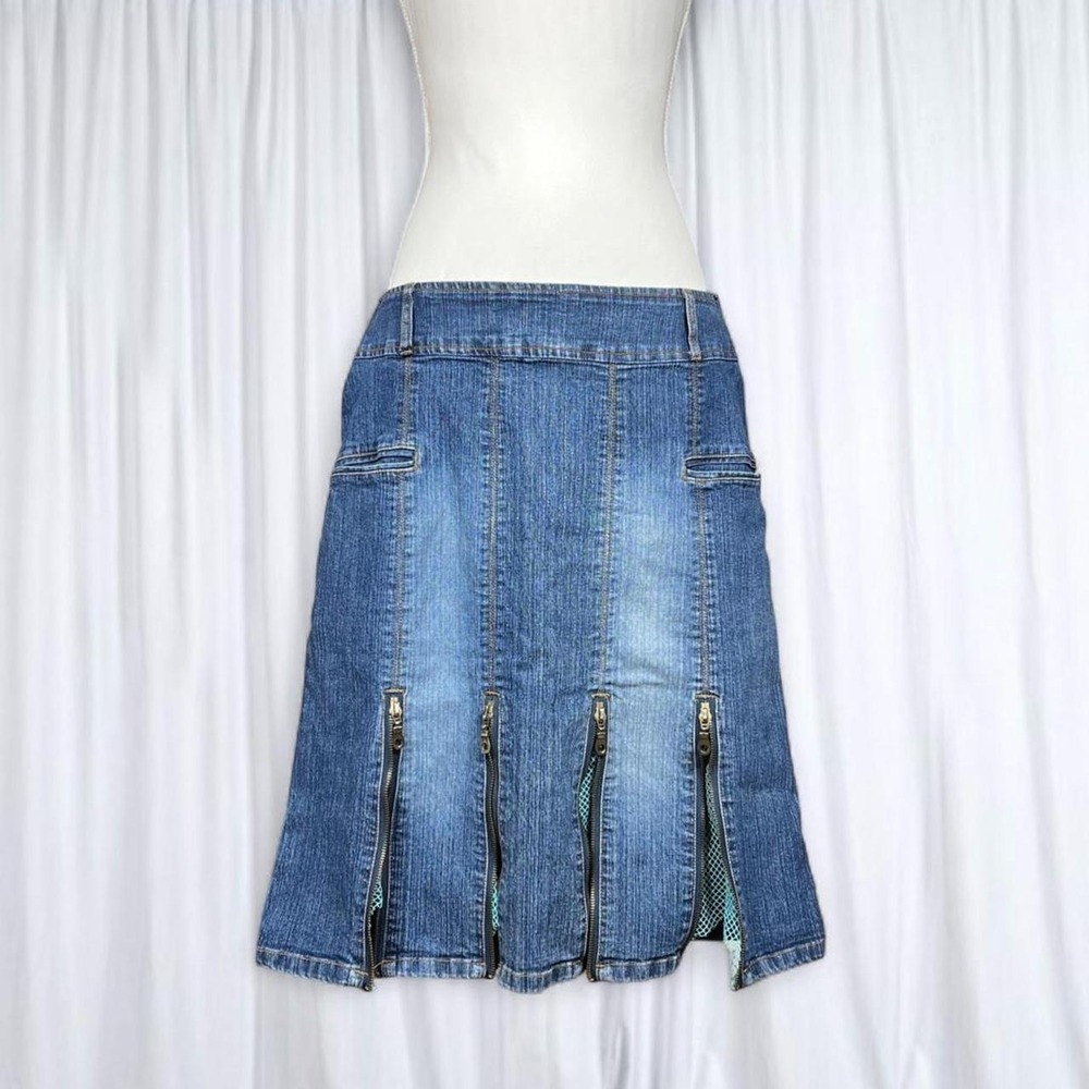 Vintage Exocet Denim Midi Skirt with Zipper and Mesh Details